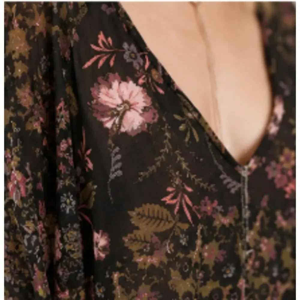 Free People Boho Floral Babydoll Tunic Top Black Pink XS Long Sleeve V Neck - Picture 3 of 6